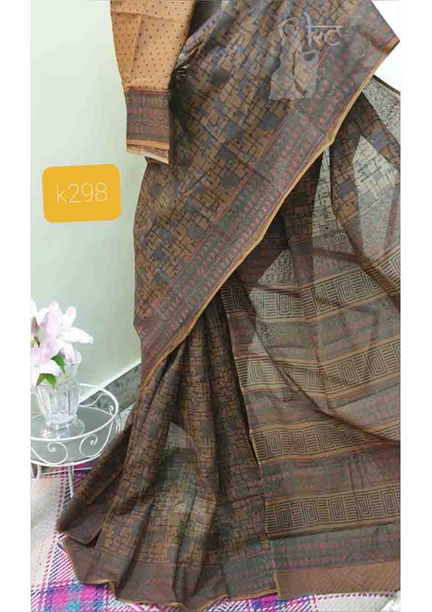 PJMR21A044 Brown Block Printed Kota Doria Saree