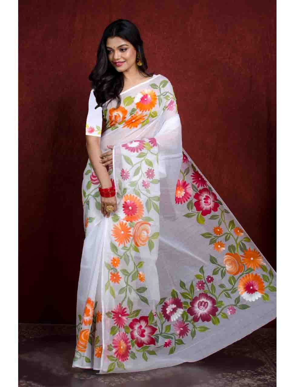 PJMR21A077 White Orange Hand Painted Kota Doria Saree