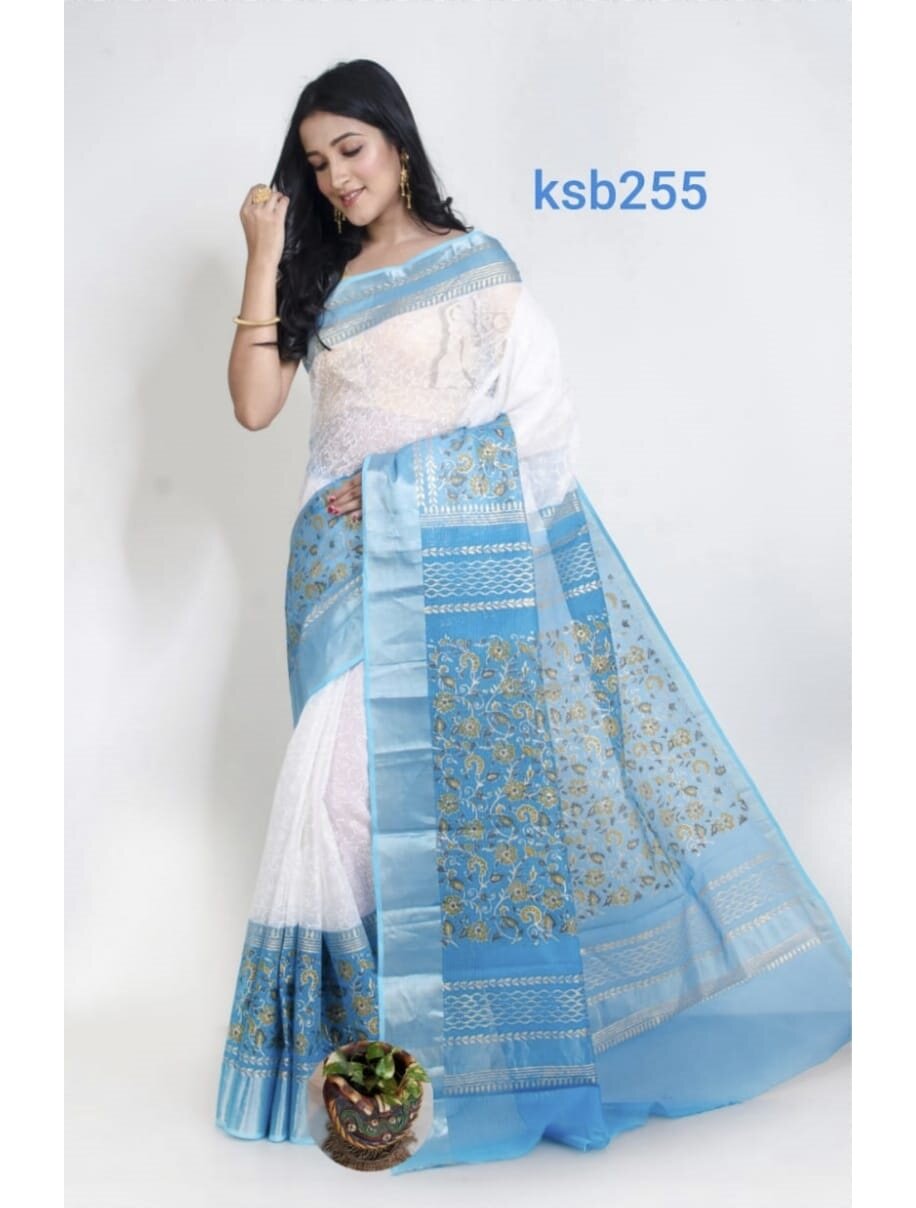 White Blue Block Print Kota Doria Saree