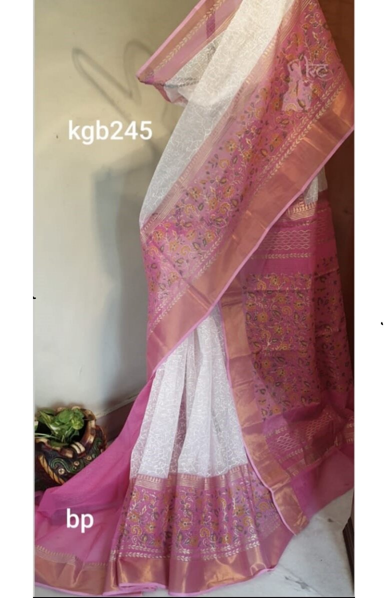 White Pink Block Print Kota Doria Saree