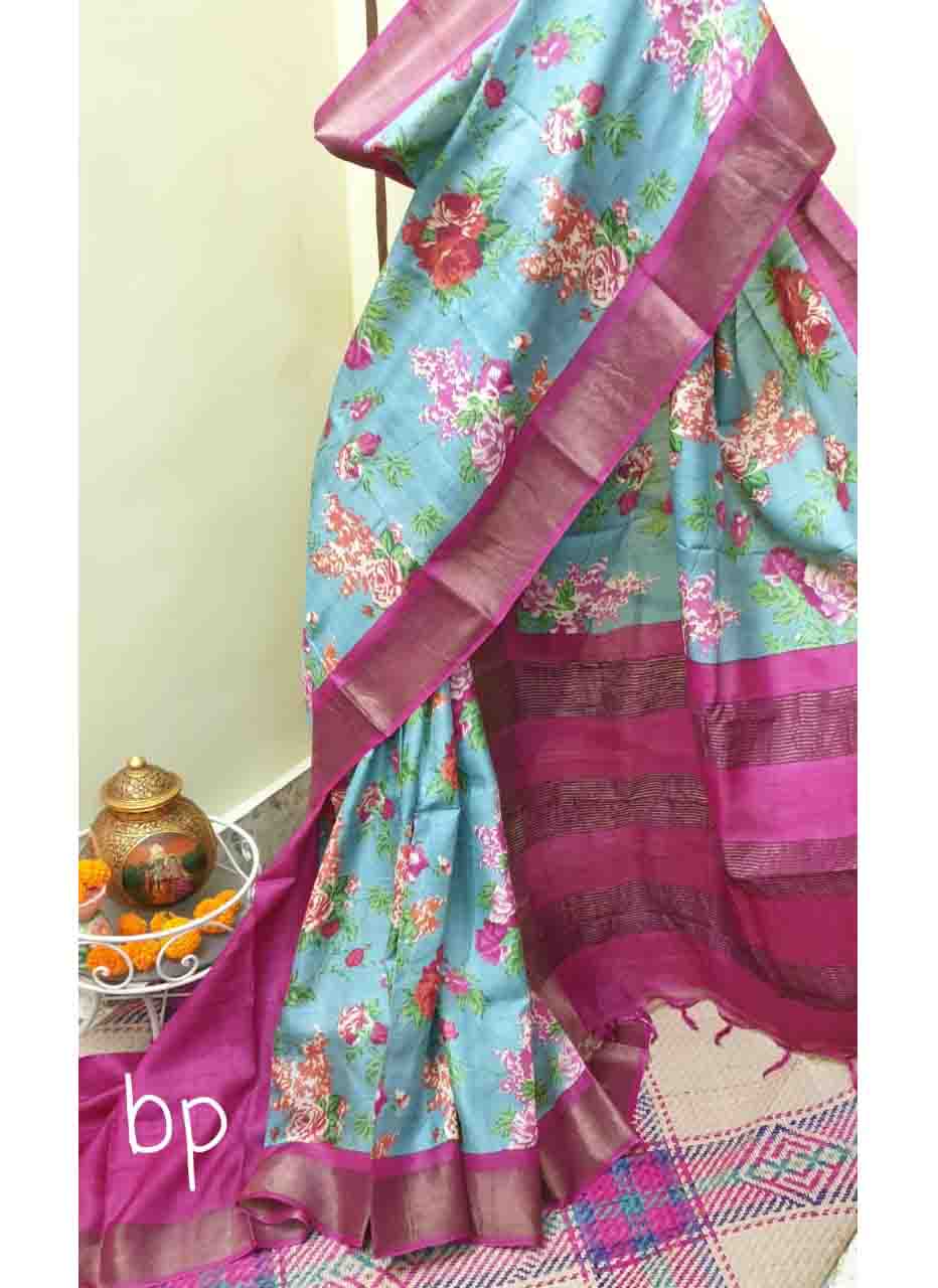 PJAP21A033 Blue Rose Hand Painted Tussar Silk Saree