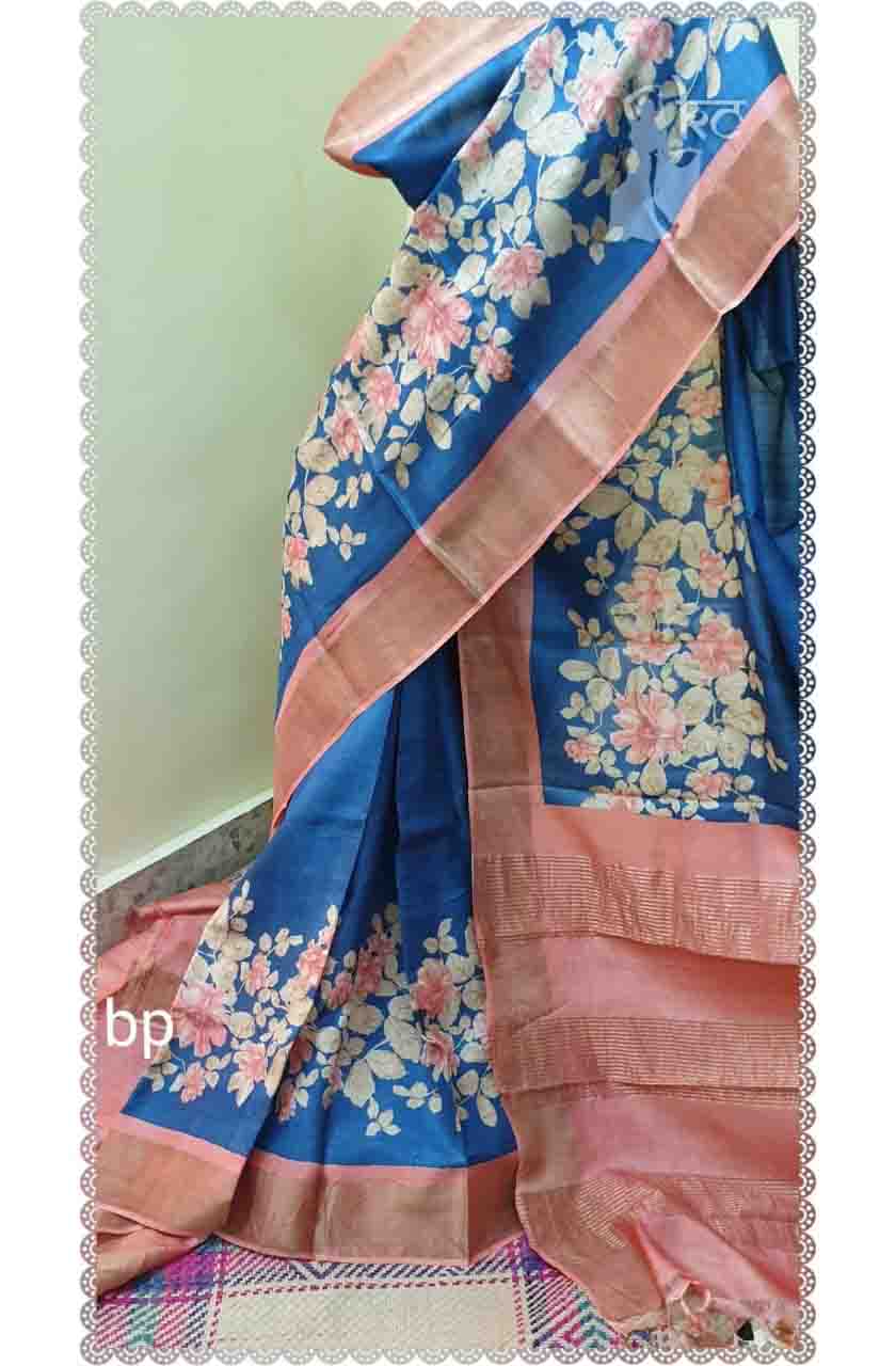 PJAP21A039 Blue Gold Hand Painted Tussar Silk Saree