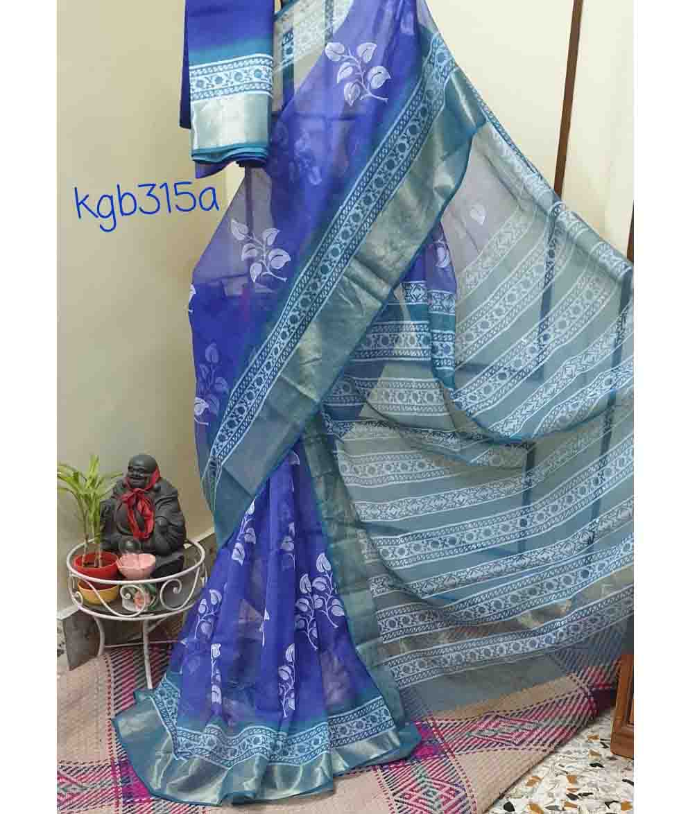 Blue Gold Block Printed Kota Doria Saree