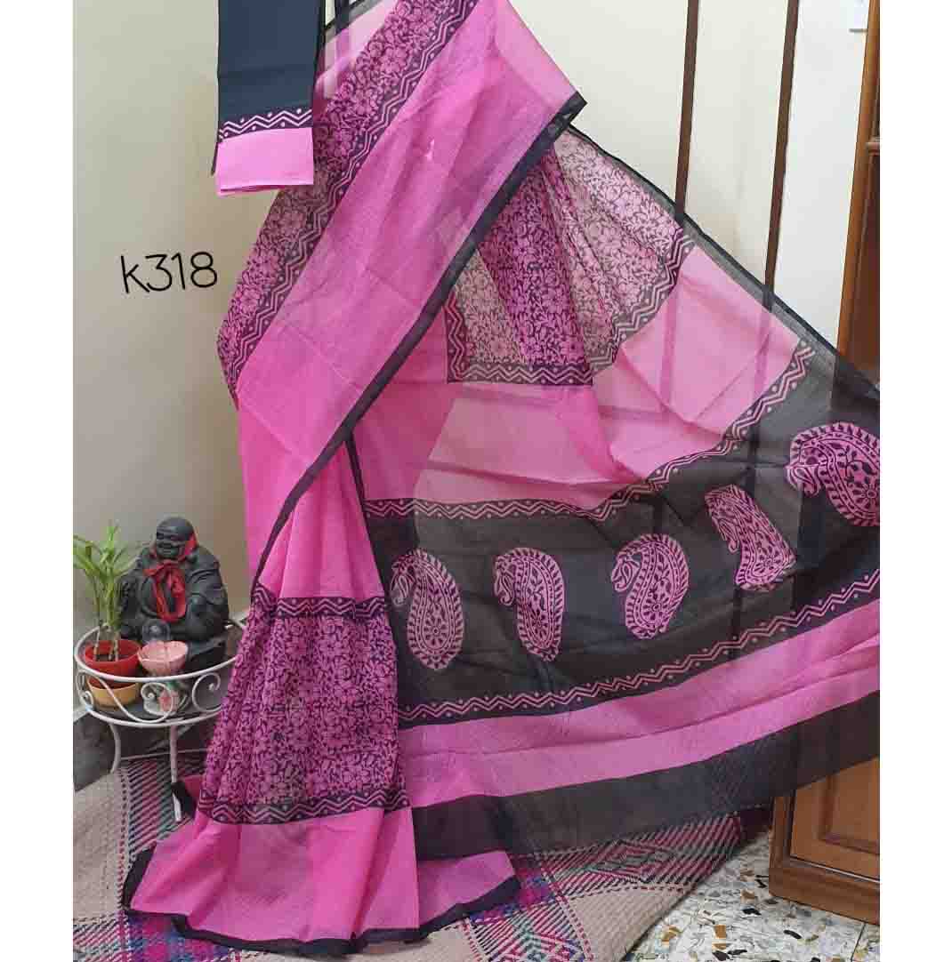 Pink Black Block Printed Kota Doria Saree