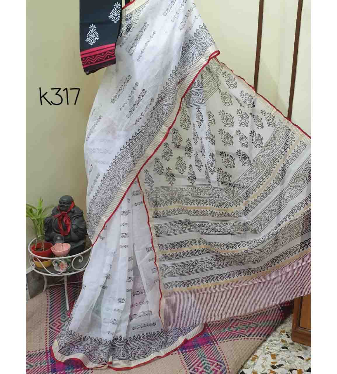 White Red Block Printed Kota Doria Saree