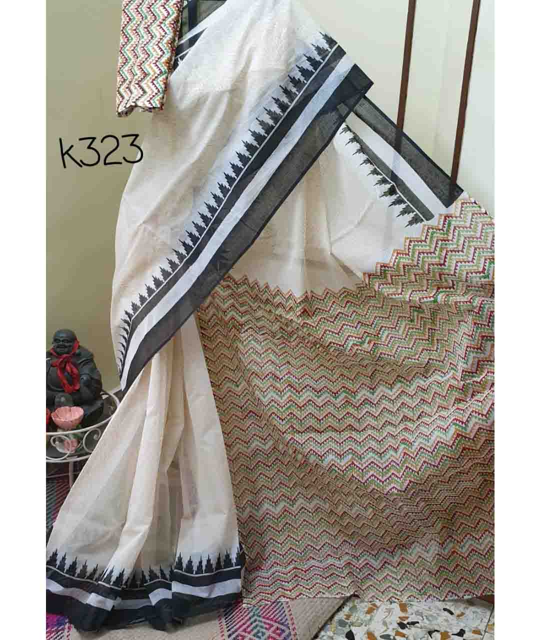 Cream Black Block Printed Kota Doria Saree