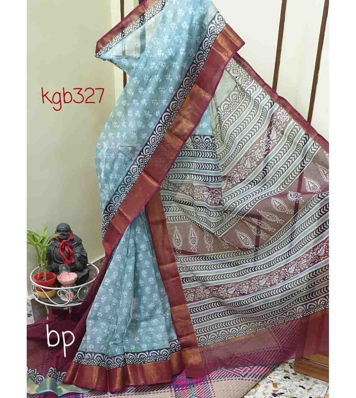 Blue Red Block Printed Kota Doria Saree