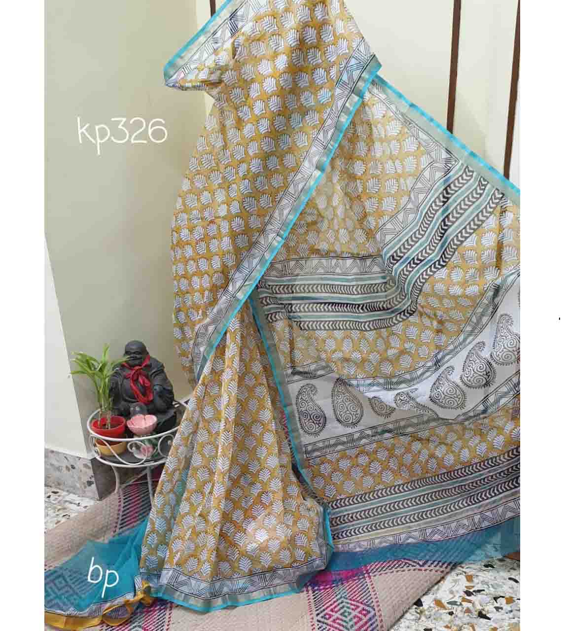 Yellow Blue Block Printed Kota Doria Saree