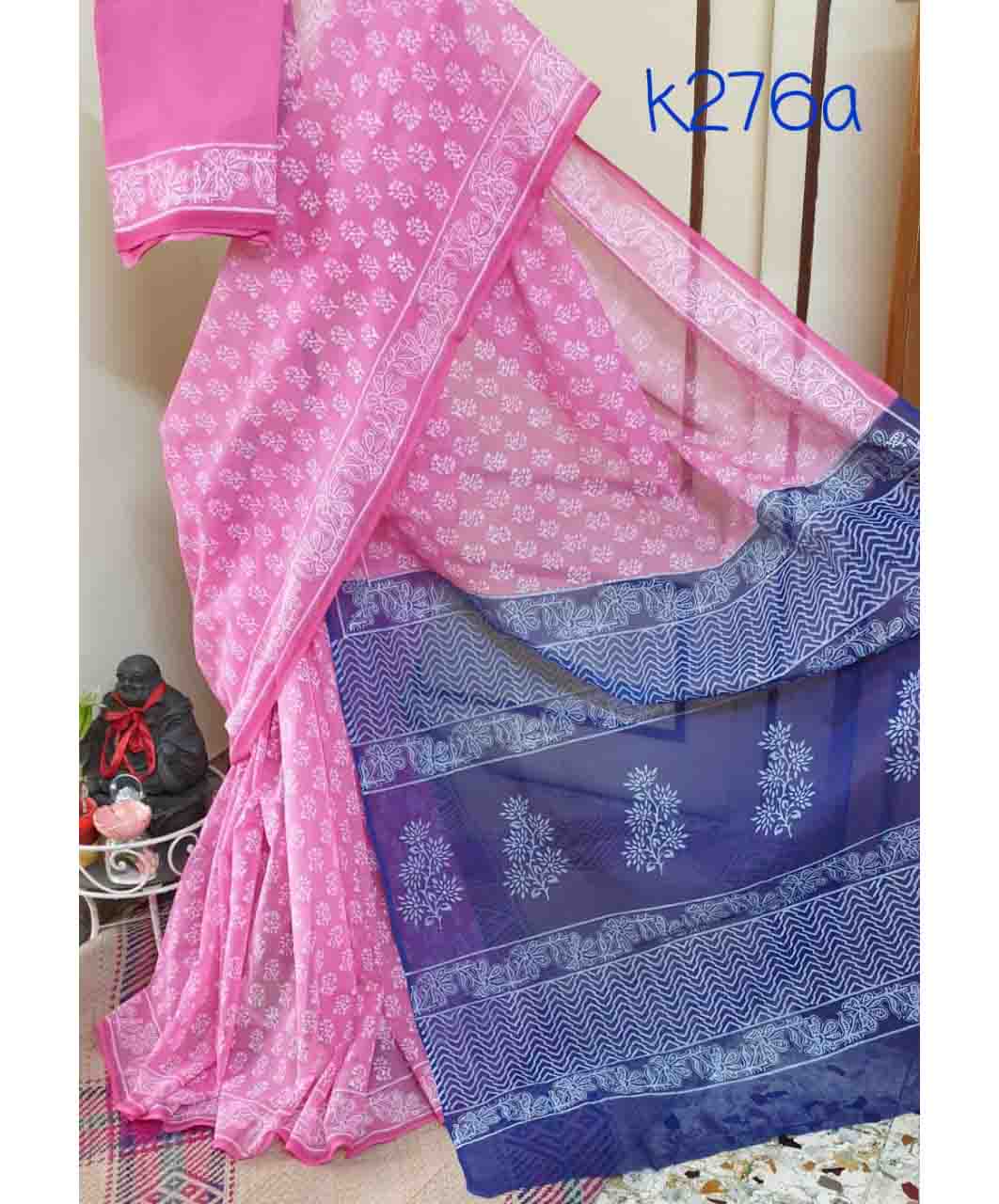 Pink Blue Block Printed Kota Doria Saree