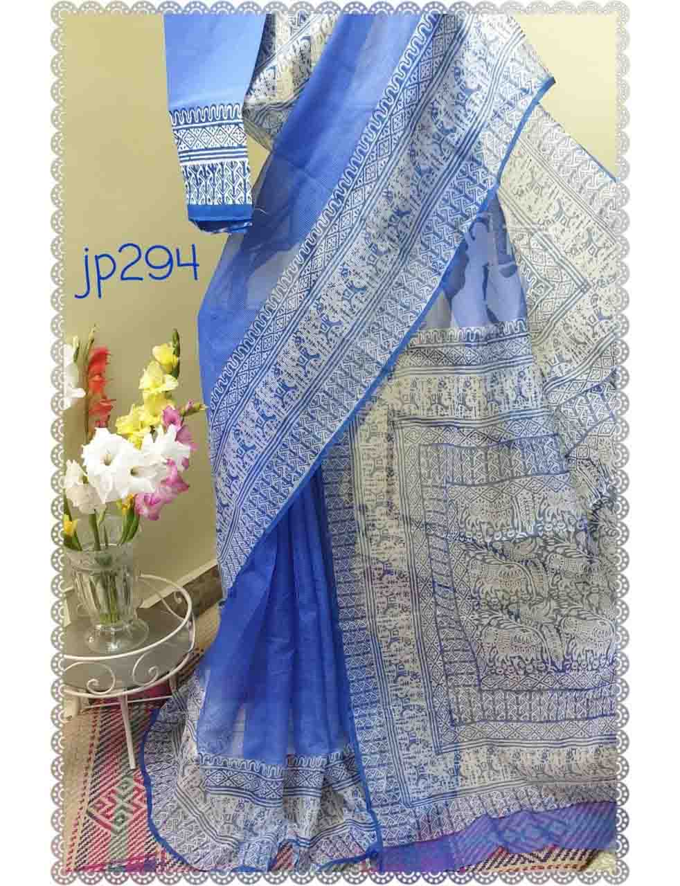 Blue White Block Printed Kota Doria Saree