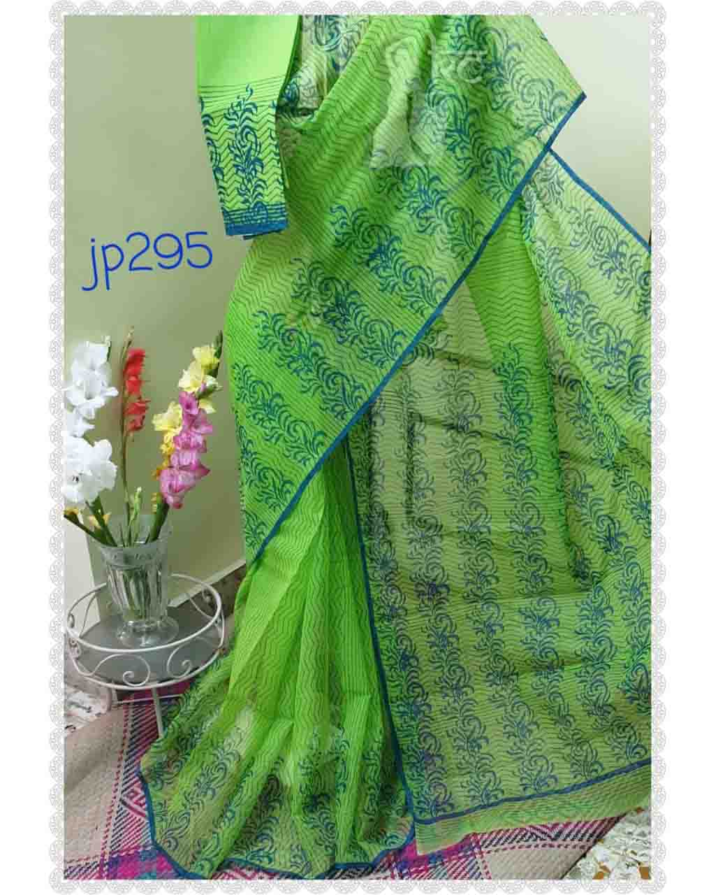 Green Blue Block Printed Kota Doria Saree