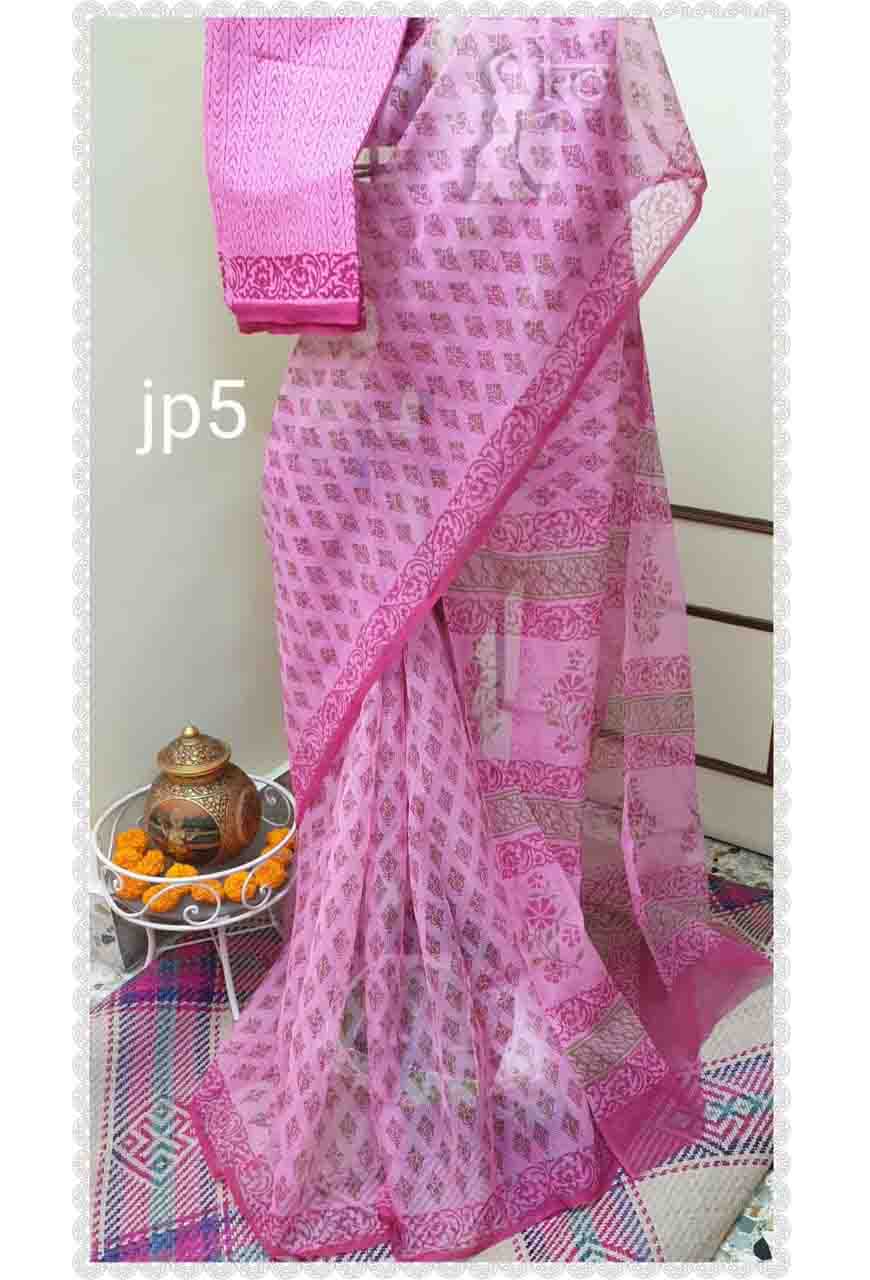 Pink Block Printed Kota Doria Saree