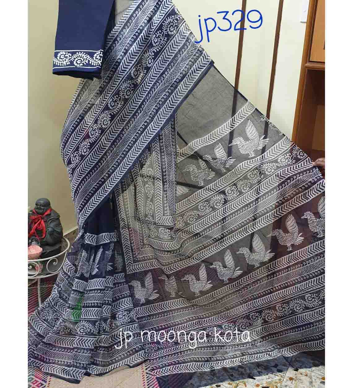 Blue White Block Printed Kota Doria Saree