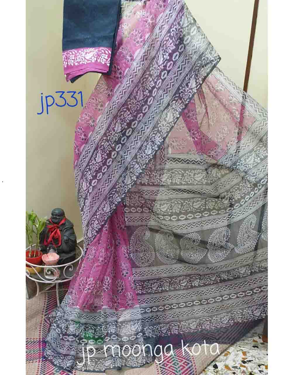 Pink White Block Printed Kota Doria Saree