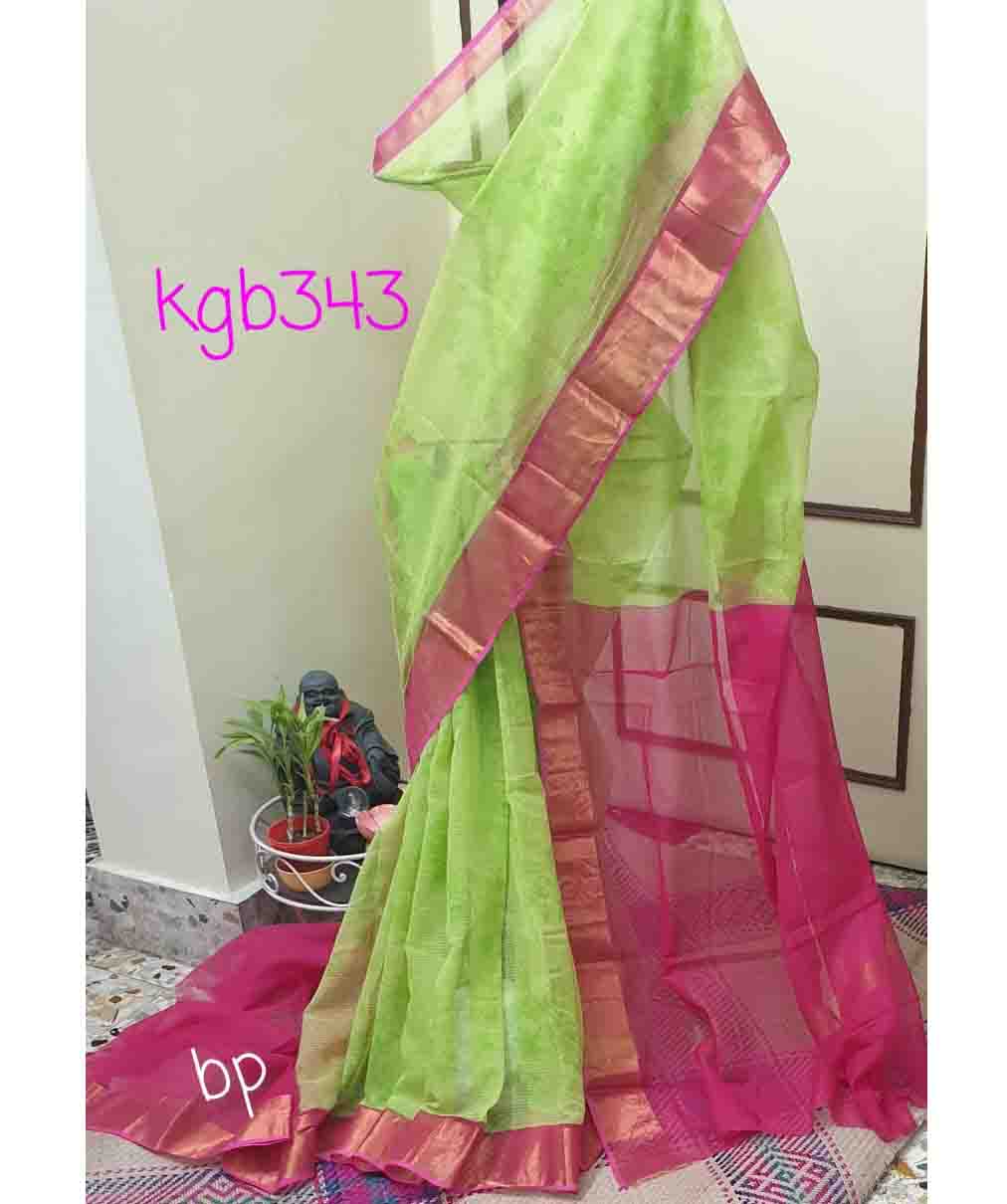 PJMY21A068 Green Pink Block Printed Kota Doria Saree