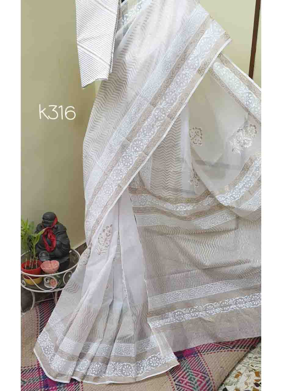 PJMY21A070 White Block Printed Kota Doria Saree