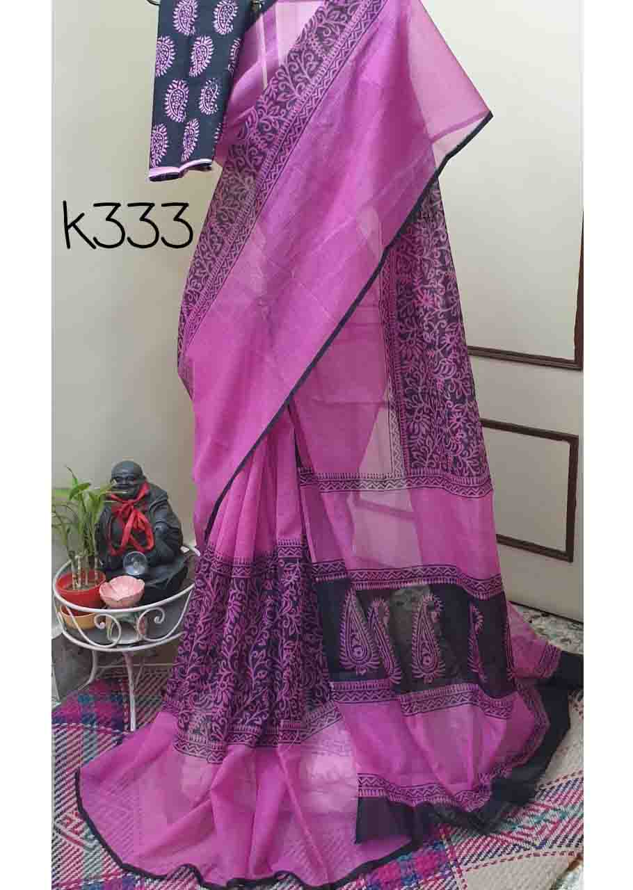 PJMY21A078 Pink Black Block Printed Kota Doria Saree