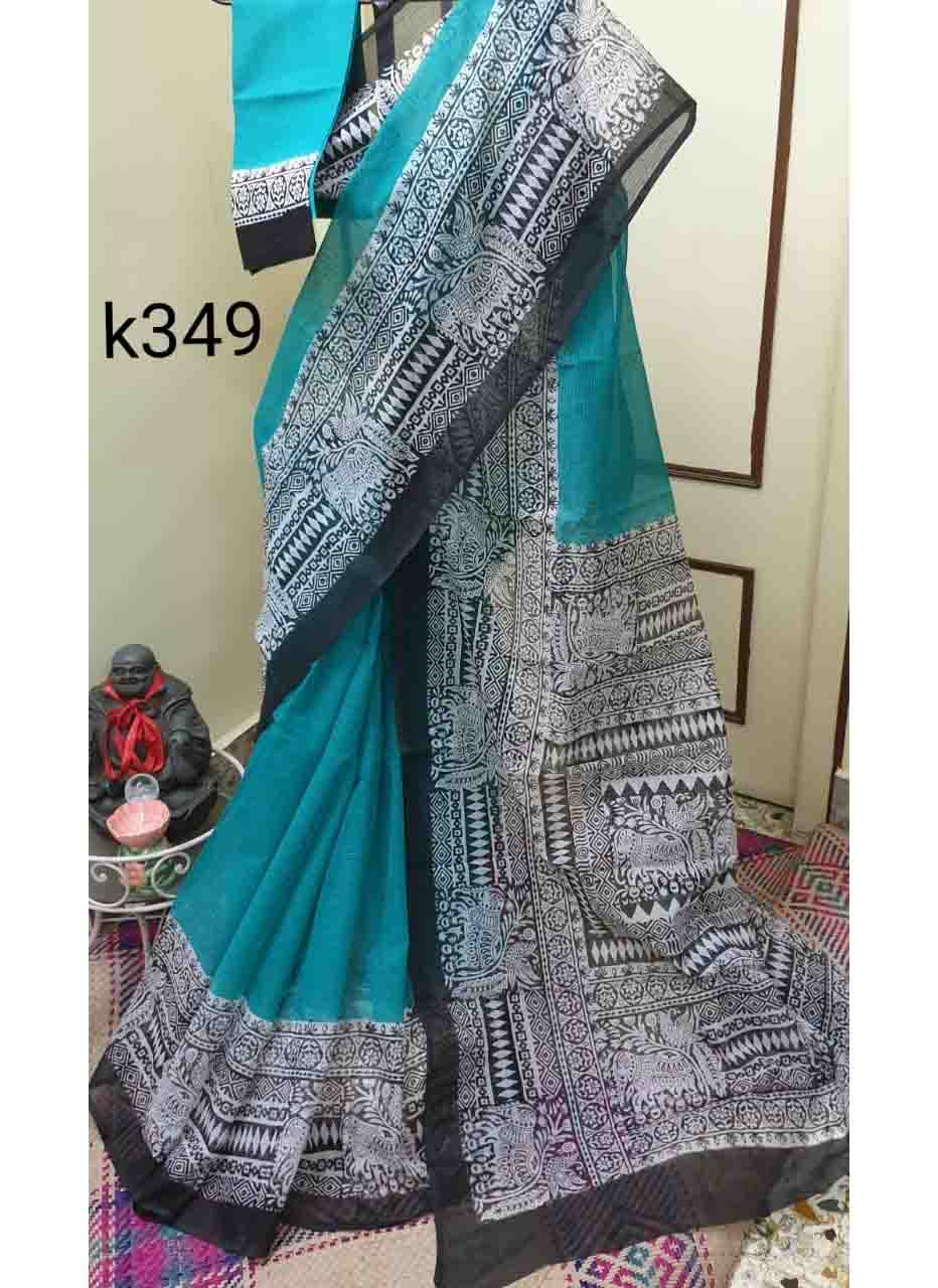 PJJU21A026 Blue Black Block Printed Kota Doria Saree