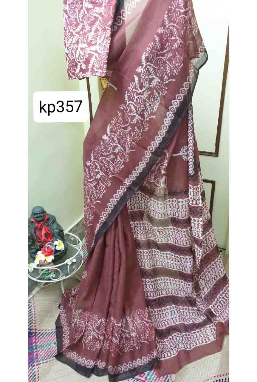 PJJU21A053 Brown White Block Printed Kota Doria Saree