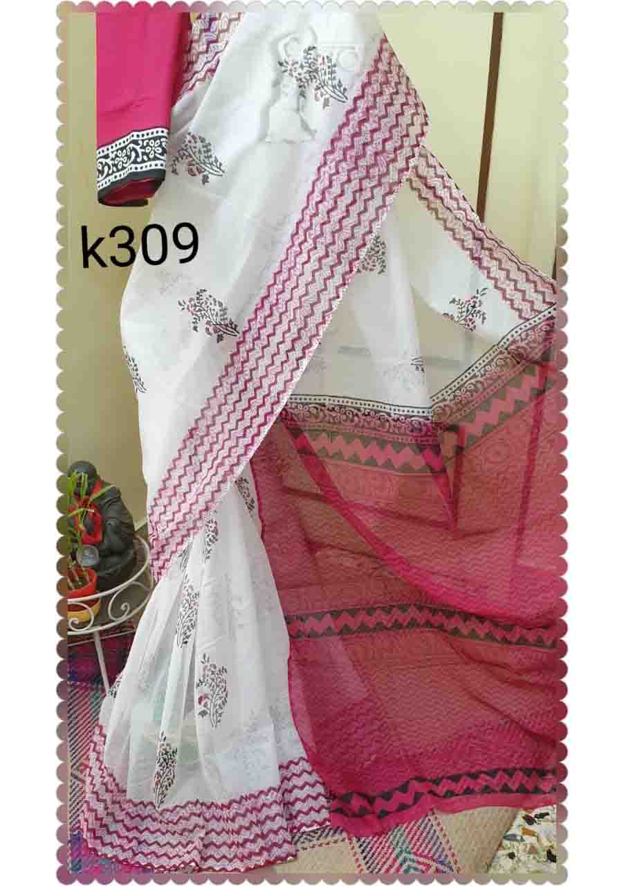 White Red Block Printed Kota Doria Saree