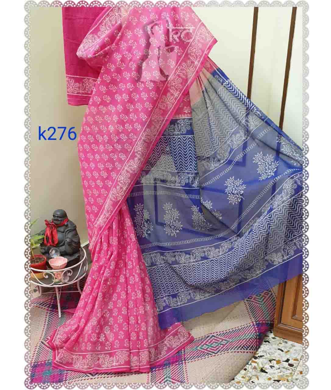 PJJL21A011 Pink Blue Block Printed Kota Doria Saree