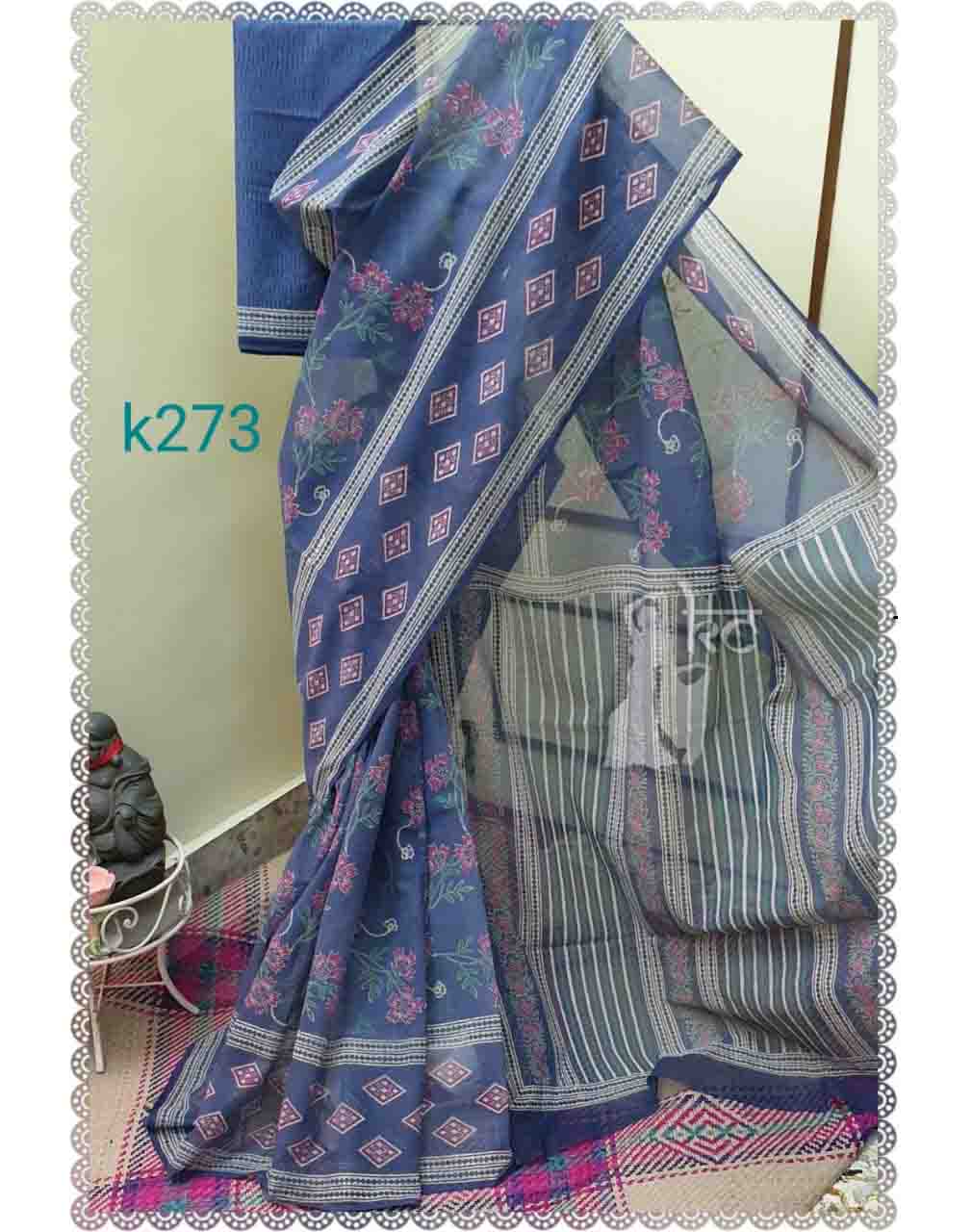 Blue White Block Printed Kota Doria Saree