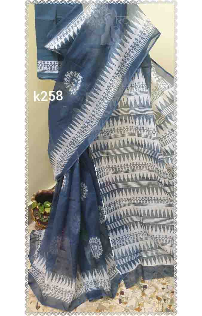 PJJL21A015 Blue White Block Printed Kota Doria Saree