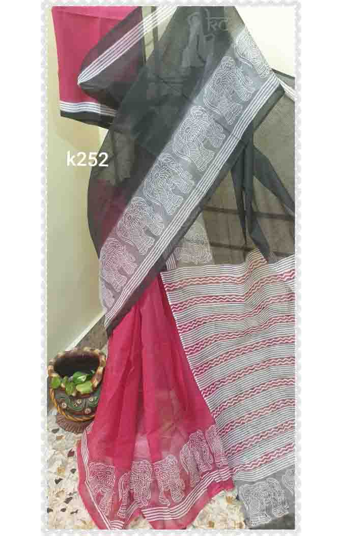 PJJL21A016 Pink Black Block Printed Kota Doria Saree