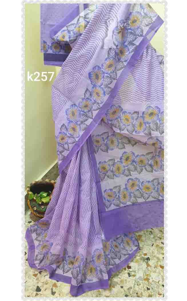 PJJL21A017 Purple Block Printed Kota Doria Saree