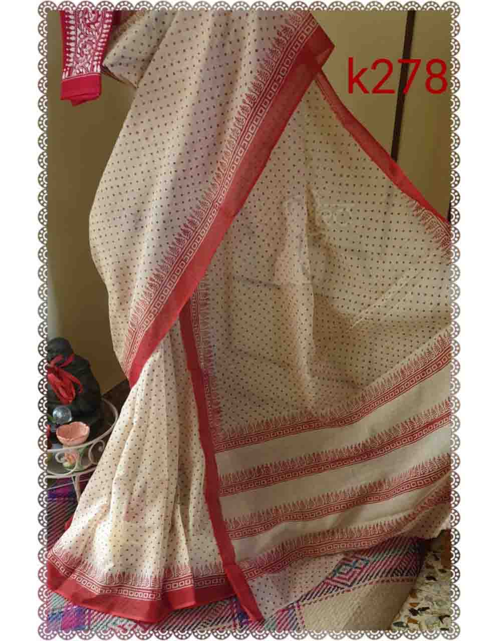 PJJL21A021 Cream Red Block Printed Kota Doria Saree