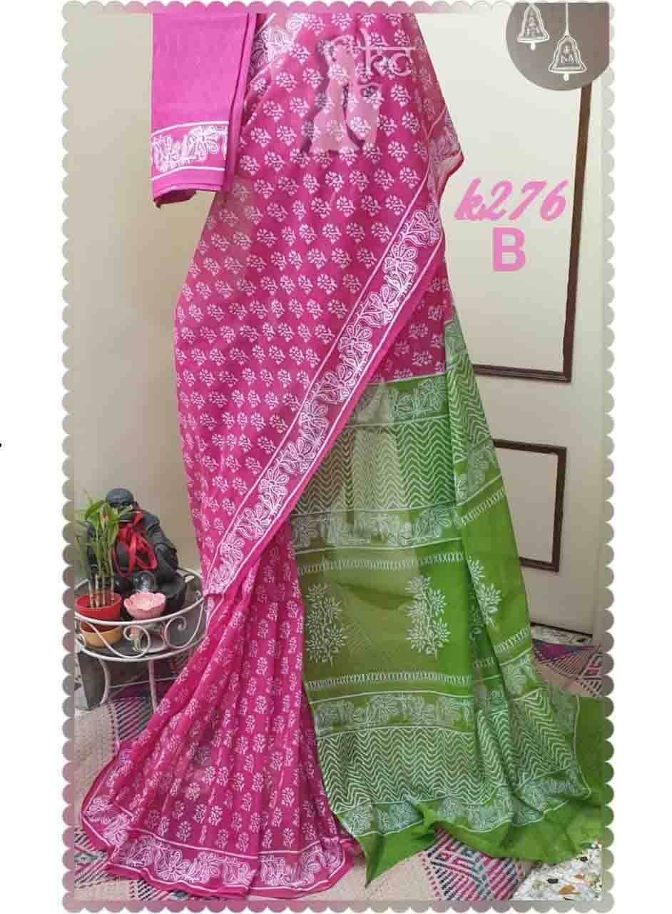 PJJL21A022 Pink Green Block Printed Kota Doria Saree