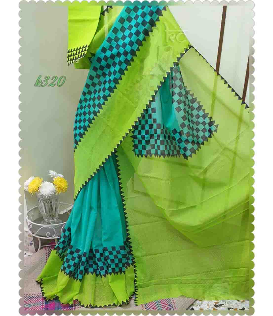 PJJL21A024 Blue Green Block Printed Kota Doria Saree