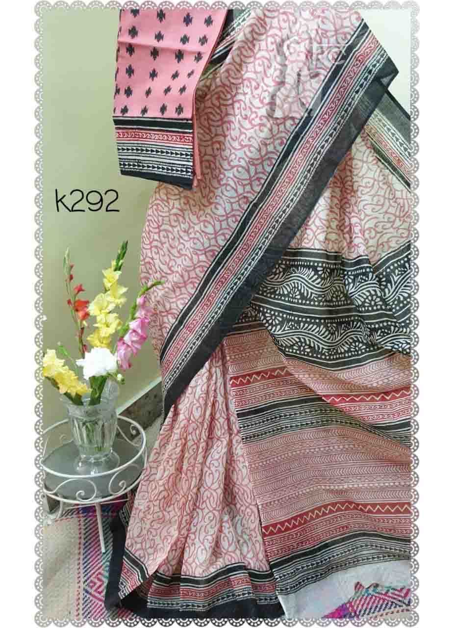 PJJL21A028 Rose Black Block Printed Kota Doria Saree