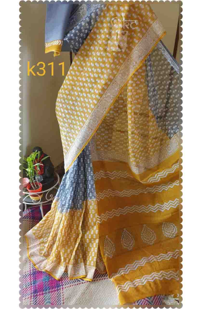 PJJL21A034 Yellow Ash Block Printed Kota Doria Saree