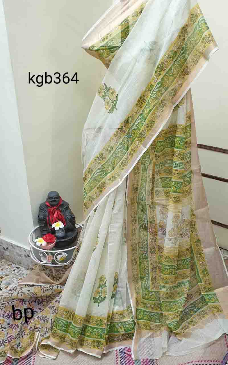 White Gold Block Printed Kota Doria Saree