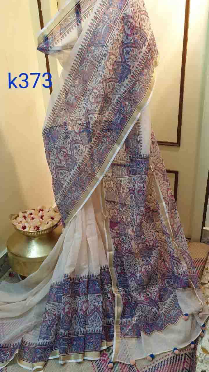 Cream Gold Block Printed Kota Doria Saree