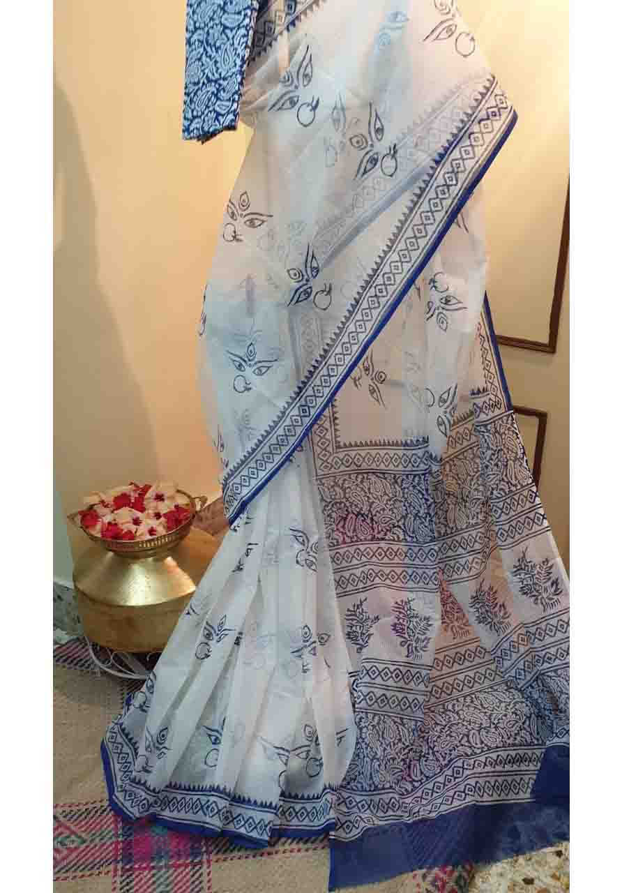 White Blue Block Printed Kota Doria Saree