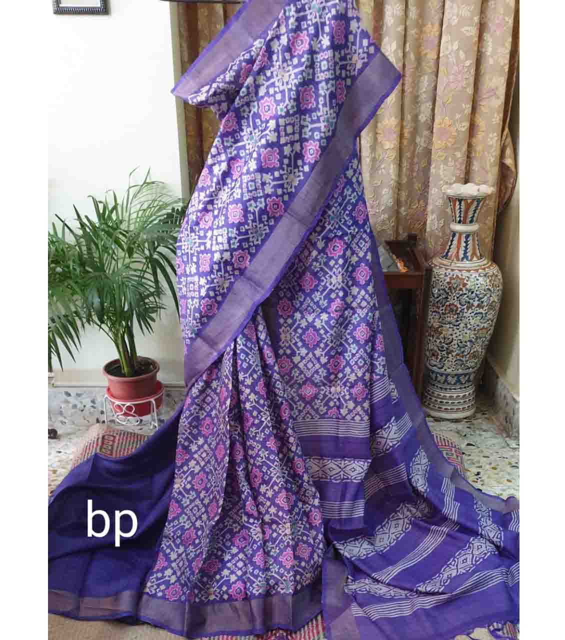 PJDC21A014 Violet Rose Block Print Tussar Silk Saree