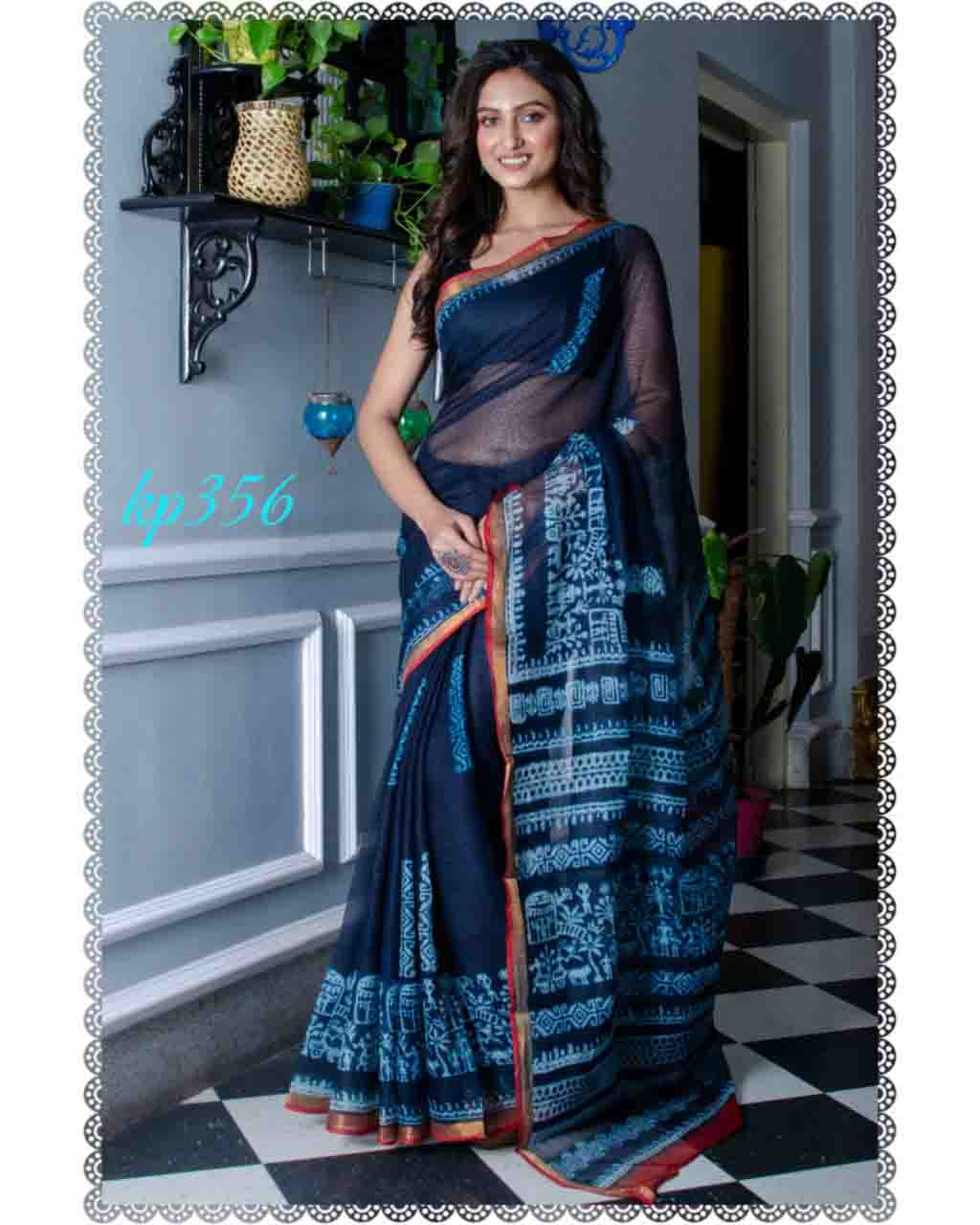 Blue Red Block Printed Kota Doria Saree