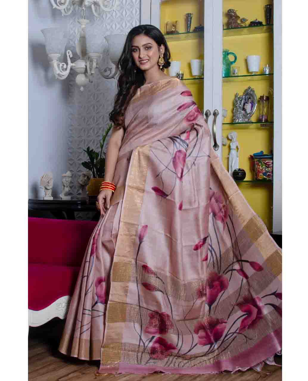 PJJA22A002 Rose Gold Hand Painted Tussar Silk Saree