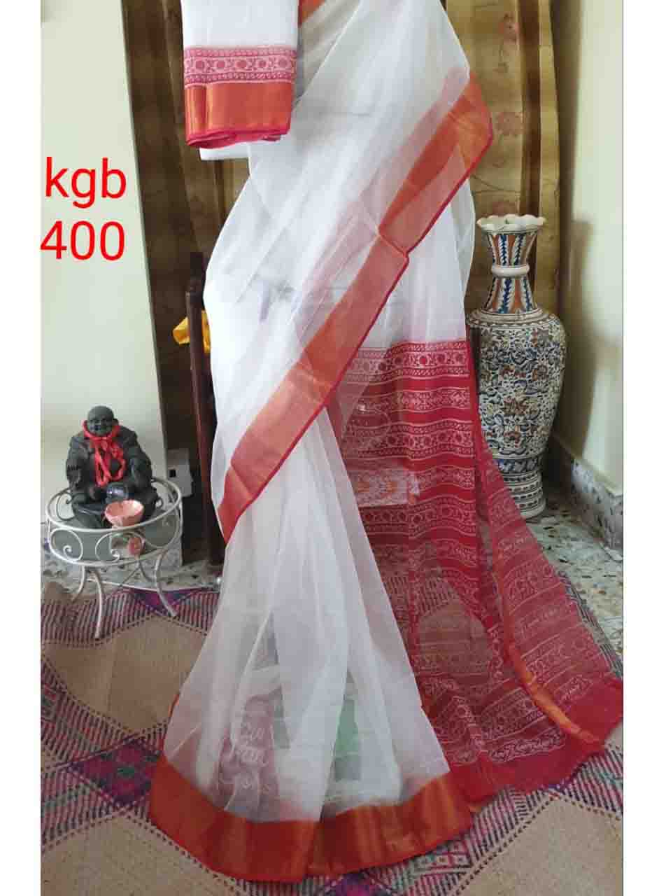 PJJN22A002 White Red Block Printed Kota Doria Saree