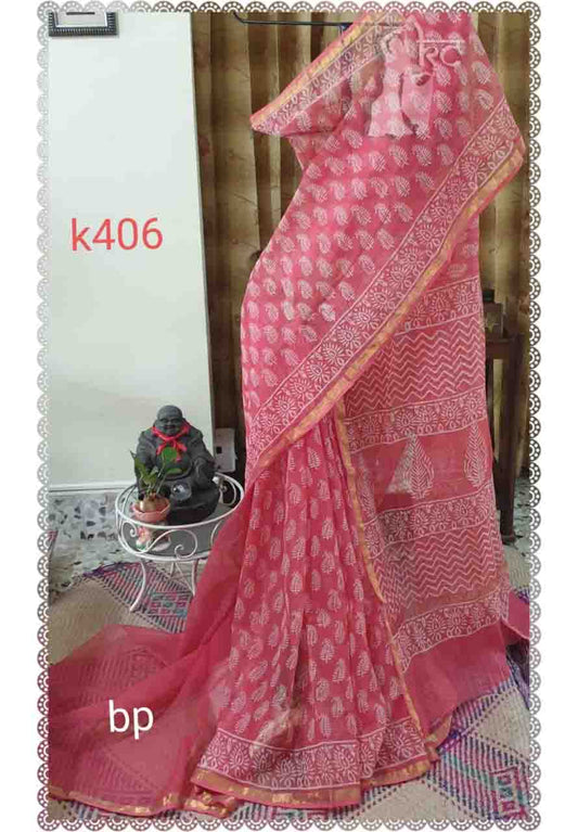 PJJN22A003 Pink White Block Printed Kota Doria Saree