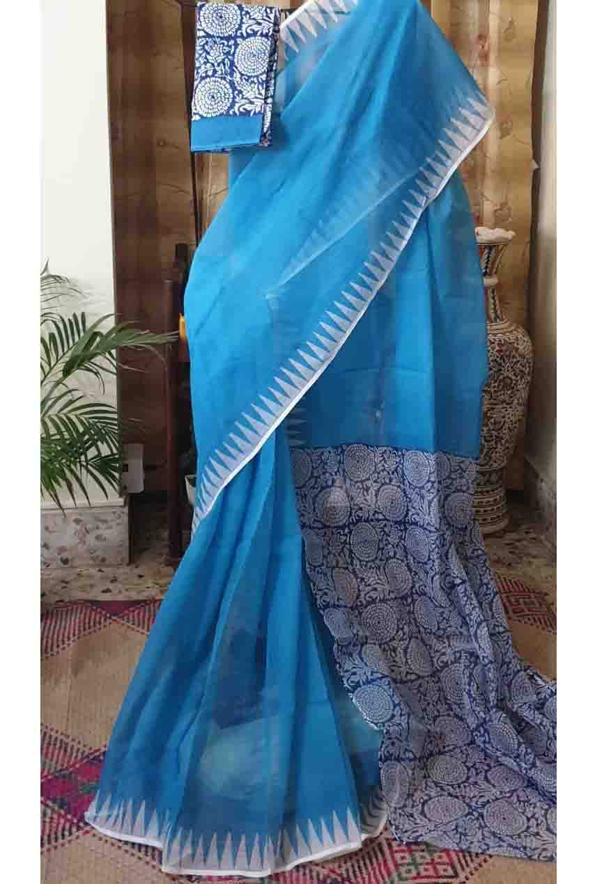 PJJN22A007 Blue White Block Printed Kota Doria Saree