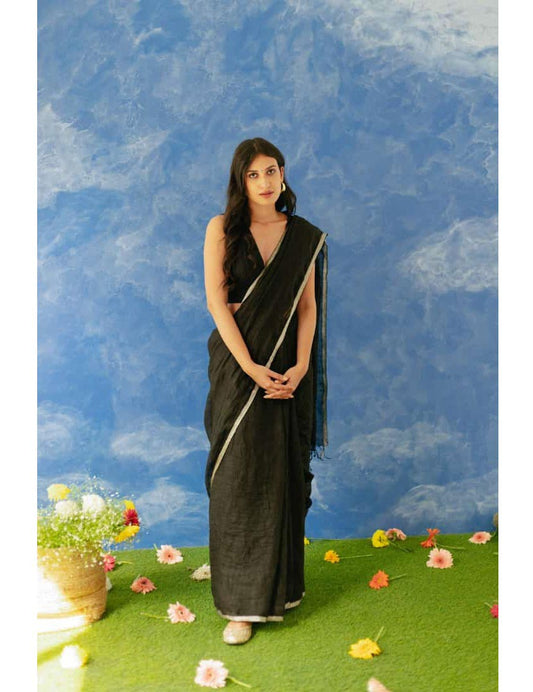 Black Silver Linen Saree