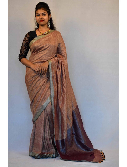 Brown Pure Handloom Linen Pure Saree