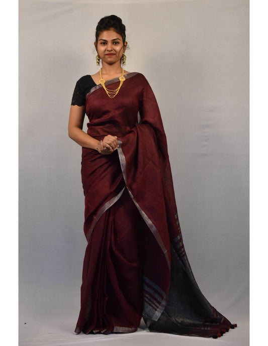 Brown Pure Handloom Linen Pure Saree