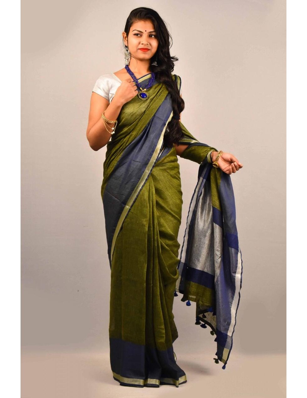 Green Blue Pure Handloom Linen Pure Saree