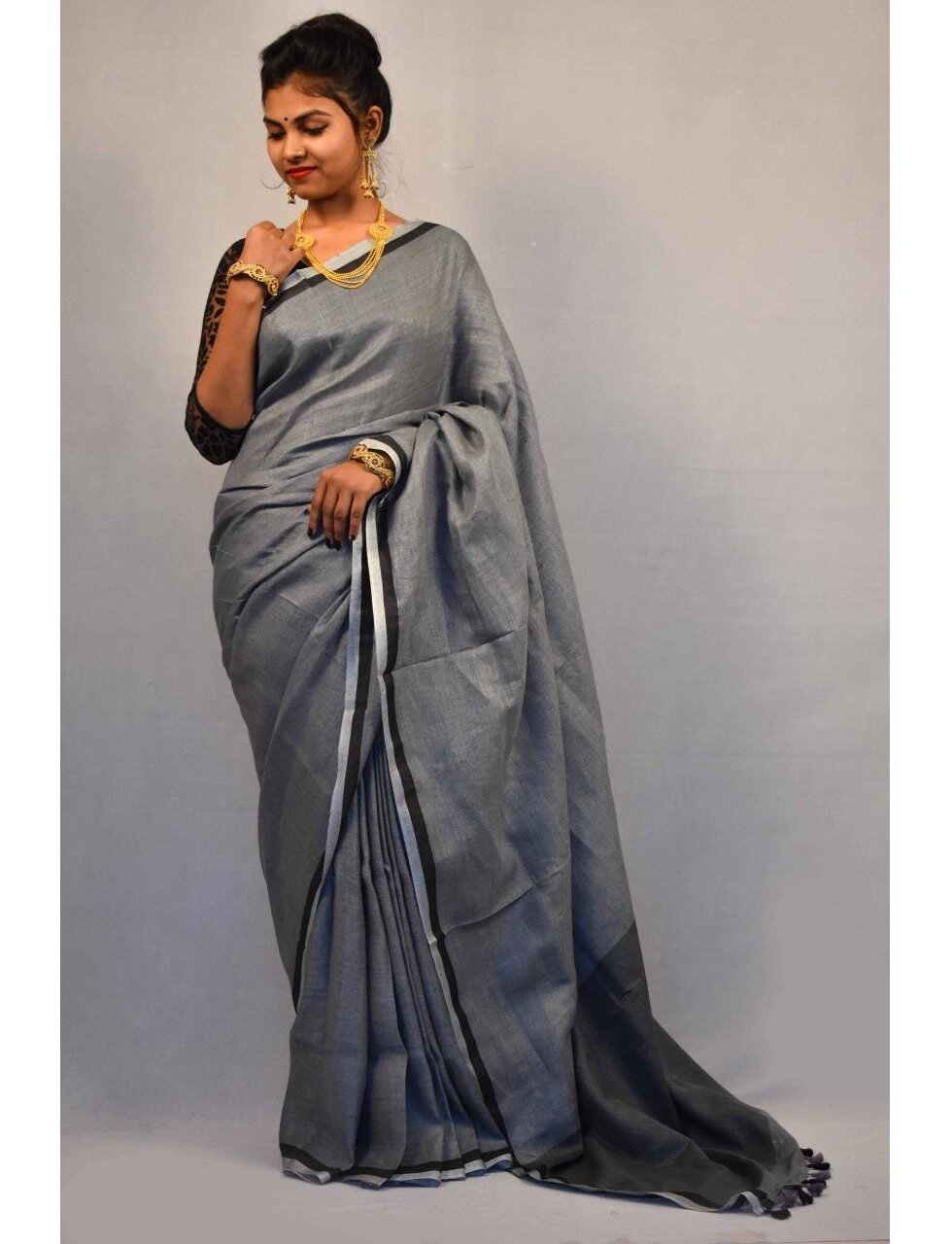 Grey Black Pure Handloom Linen Pure Saree