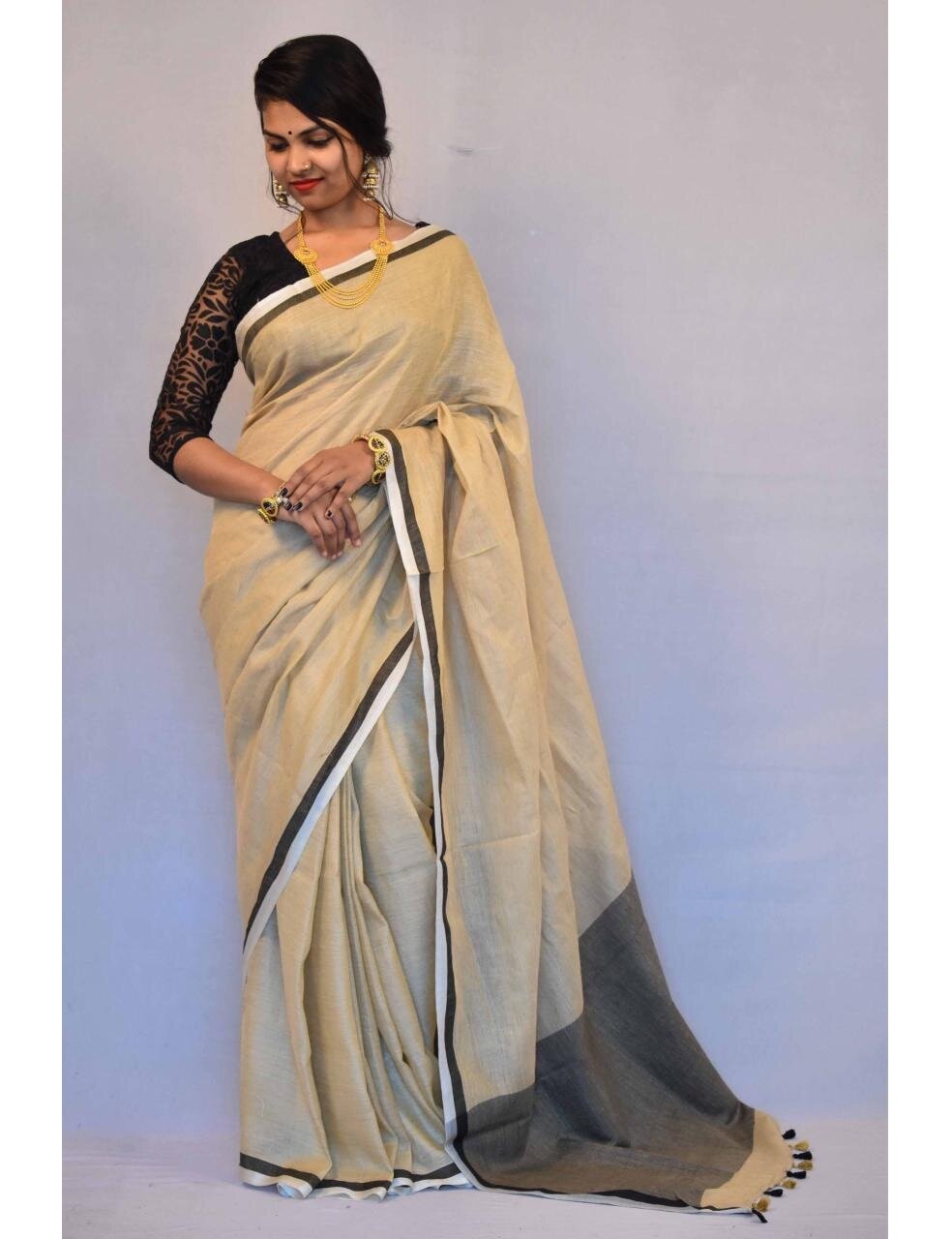 Cream Black Pure Handloom Linen Pure Saree