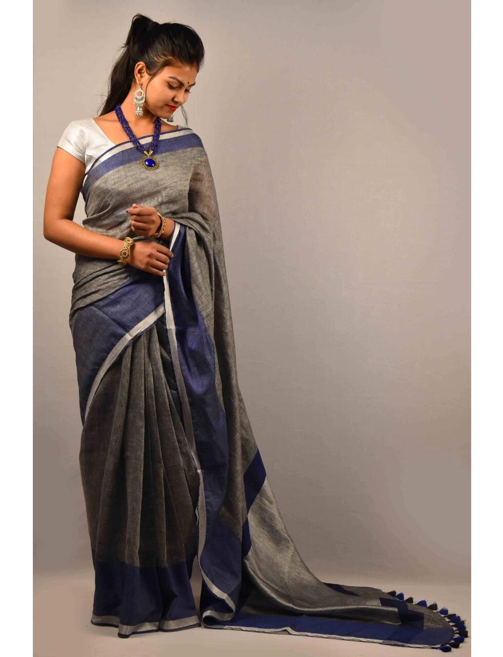 Grey Blue Pure Handloom Linen Pure Saree